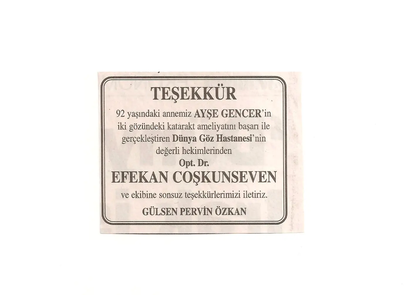 Basın kupürü — katarakt ve göz içi mercek