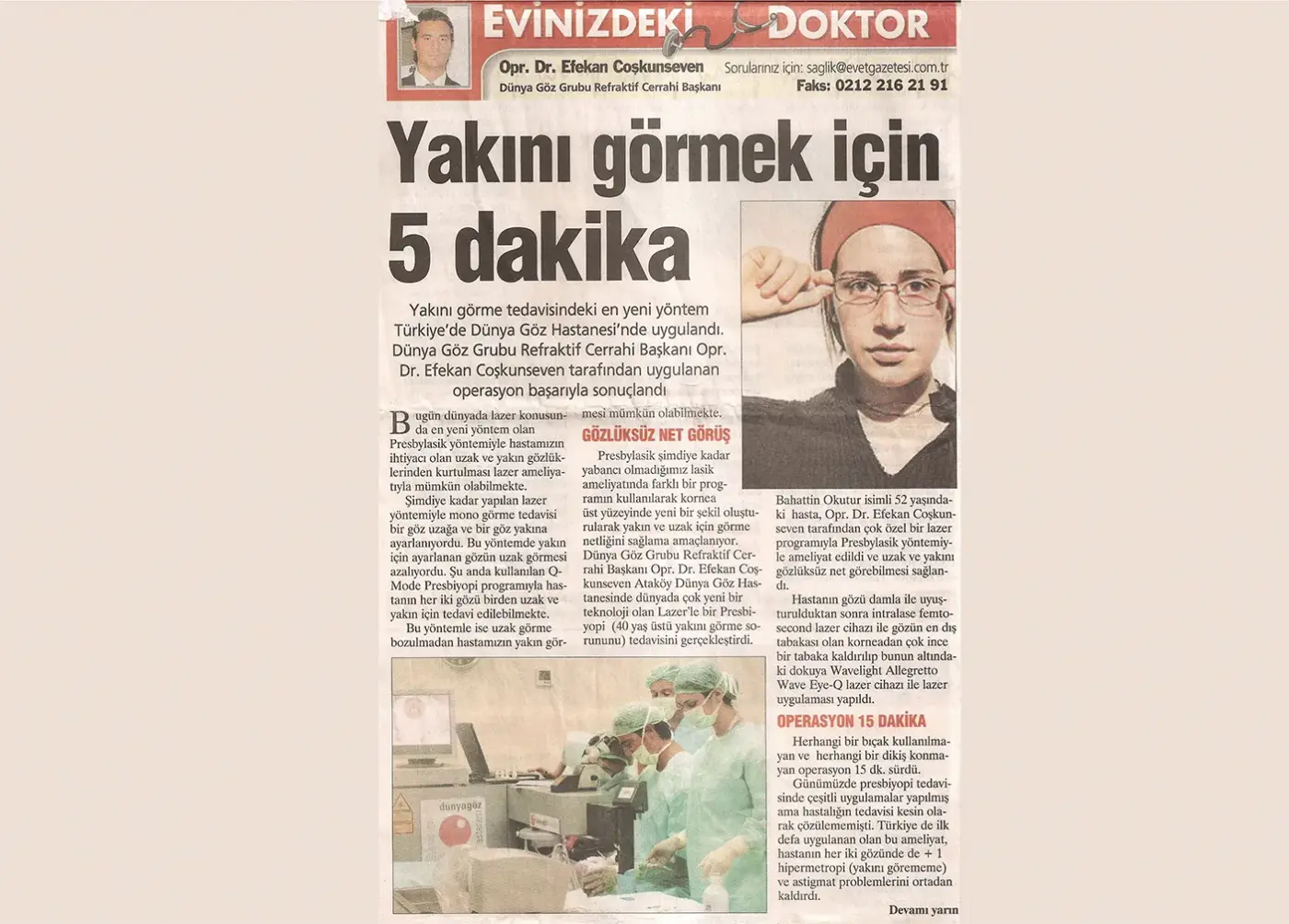 Basın kupürü — presbiyopi (yakın görme)