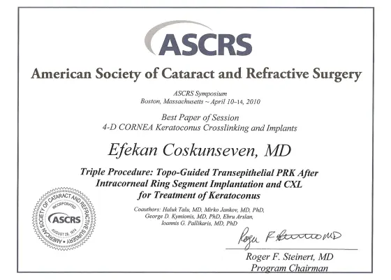 Best Paper of Session — 4-D Cornea: Keratoconus Crosslinking and Implants oturumu — American Society of Cataract and Refractive Surgery (ASCRS) Sempozyumu, Boston
