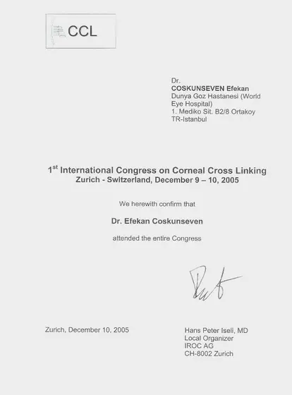 1. Uluslararası Korneal Çapraz Bağlama (CXL) Kongresi — katılım belgesi — IROC AG, Zürih