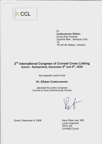2. Uluslararası Korneal Çapraz Bağlama (CXL) Kongresi — katılım belgesi — IROC AG, Zürih