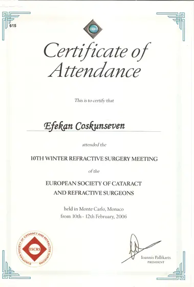 ESCRS 10. Kış Refraktif Cerrahi Toplantısı — katılım belgesi — European Society of Cataract and Refractive Surgeons, Monte Carlo