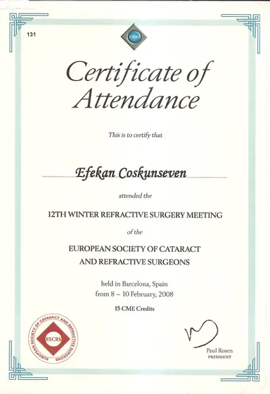 ESCRS 12. Kış Refraktif Cerrahi Toplantısı — katılım belgesi (15 CME) — European Society of Cataract and Refractive Surgeons, Barselona