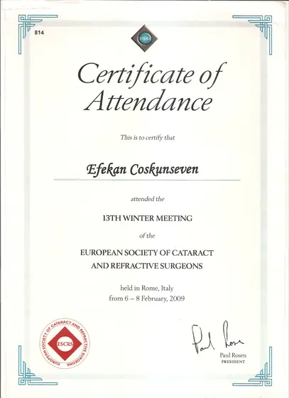 ESCRS 13. Kış Toplantısı — katılım belgesi — European Society of Cataract and Refractive Surgeons, Roma