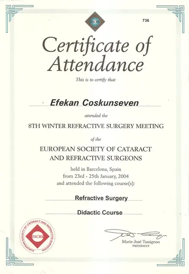 ESCRS 8. Kış Refraktif Cerrahi Toplantısı — katılım ve Refraktif Cerrahi didaktik kursu — European Society of Cataract and Refractive Surgeons, Barselona