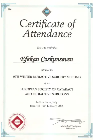 ESCRS 9. Kış Refraktif Cerrahi Toplantısı — katılım belgesi — European Society of Cataract and Refractive Surgeons, Roma