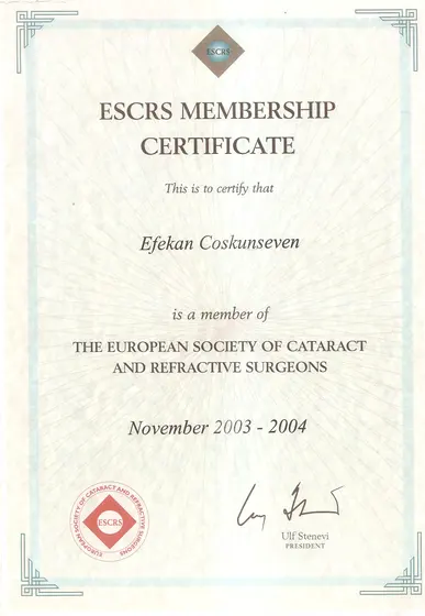ESCRS üyelik belgesi — European Society of Cataract and Refractive Surgeons