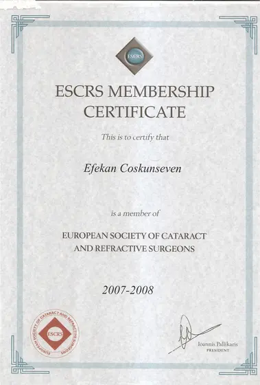 ESCRS üyelik belgesi — European Society of Cataract and Refractive Surgeons
