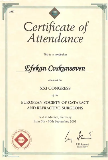 ESCRS XXI. Kongresi — katılım belgesi — European Society of Cataract and Refractive Surgeons, Münih