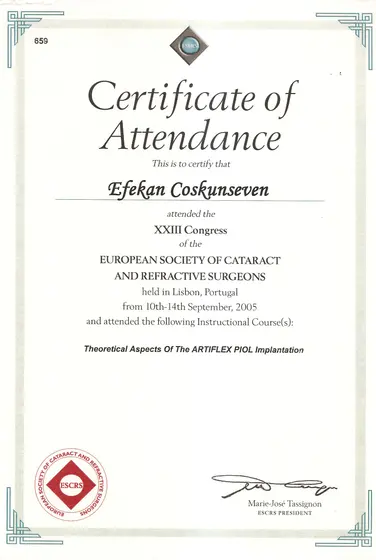 ESCRS XXIII. Kongresi — katılım ve Artiflex fakik göz içi lens kursu — European Society of Cataract and Refractive Surgeons, Lizbon