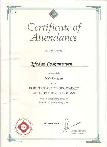 ESCRS XXV. Kongresi — katılım belgesi (26 CME) — European Society of Cataract and Refractive Surgeons, Stockholm
