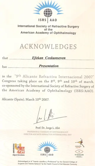 9. Alicante Refractiva Internacional Kongresi — sunum — International Society of Refractive Surgery / American Academy of Ophthalmology