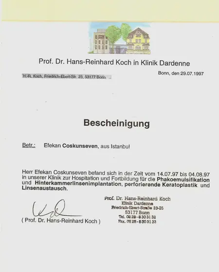 Klinik gözlem ve eğitim programı — fakoemülsifikasyon, arka kamara lens implantasyonu, perforan keratoplasti — Klinik Dardenne, Bonn — Prof. Dr. Hans-Reinhard Koch