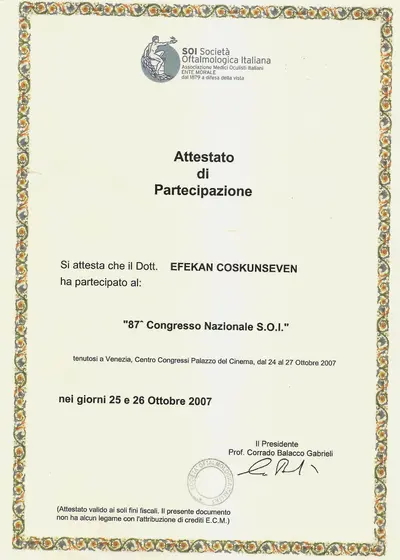 87. SOI Ulusal Kongresi — katılım belgesi — Società Oftalmologica Italiana, Venedik