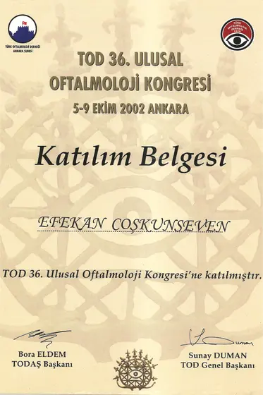 TOD 36. Ulusal Oftalmoloji Kongresi — katılım belgesi — Türk Oftalmoloji Derneği, Ankara