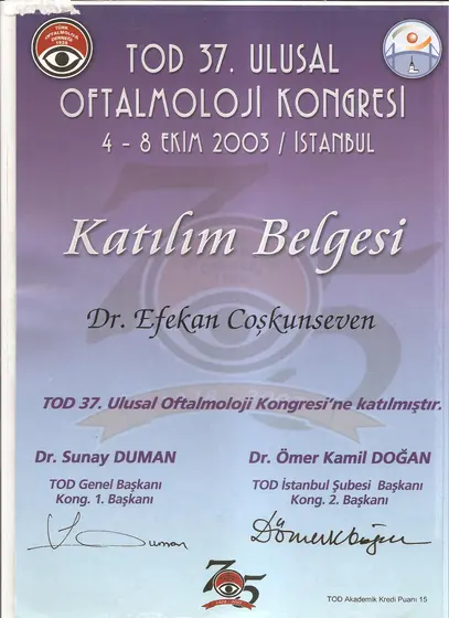 TOD 37. Ulusal Oftalmoloji Kongresi — katılım belgesi — Türk Oftalmoloji Derneği, İstanbul