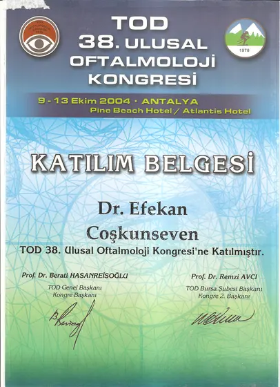 TOD 38. Ulusal Oftalmoloji Kongresi — katılım belgesi — Türk Oftalmoloji Derneği, Antalya