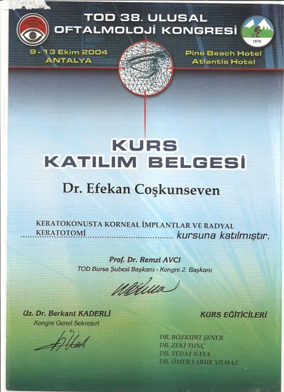 TOD 38. Kongre kursu — Keratokonusta Korneal İmplantlar ve Radyal Keratotomi — Türk Oftalmoloji Derneği, Antalya