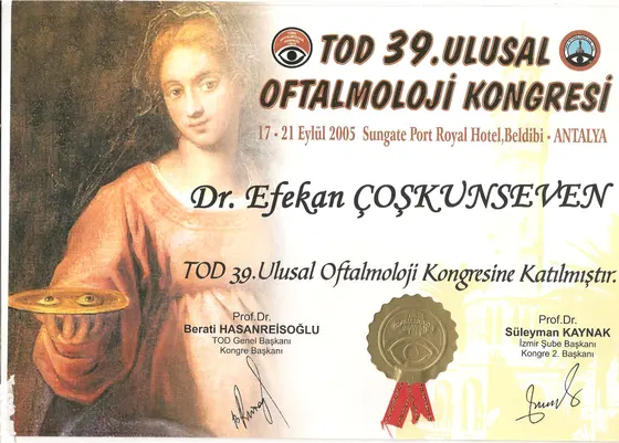 TOD 39. Ulusal Oftalmoloji Kongresi — katılım belgesi — Türk Oftalmoloji Derneği, Antalya