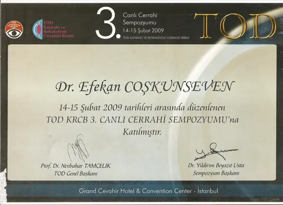 TOD KRCB 3. Canlı Cerrahi Sempozyumu — katılım belgesi — Türk Oftalmoloji Derneği Katarakt ve Refraktif Cerrahi Birimi, İstanbul