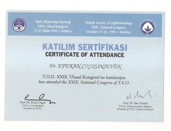 TOD XXIX. Ulusal Kongresi — katılım sertifikası — Türk Oftalmoloji Derneği, Antalya