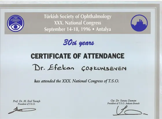 TOD XXX. Ulusal Kongresi — katılım belgesi — Türk Oftalmoloji Derneği, Antalya