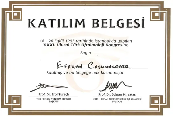 XXXI. Ulusal Türk Oftalmoloji Kongresi — katılım belgesi — Türk Oftalmoloji Derneği, İstanbul
