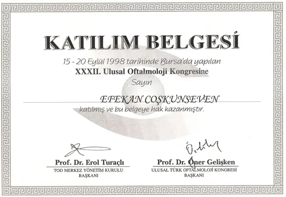 TOD XXXII. Ulusal Oftalmoloji Kongresi — katılım belgesi — Türk Oftalmoloji Derneği, Bursa