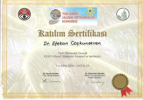 TOD XXXIV. Ulusal Oftalmoloji Kongresi — katılım sertifikası — Türk Oftalmoloji Derneği, Antalya