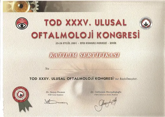 TOD XXXV. Ulusal Oftalmoloji Kongresi — katılım sertifikası — Türk Oftalmoloji Derneği, İzmir