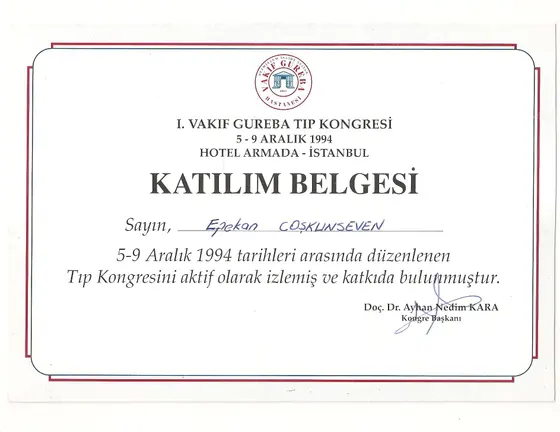 I. Vakıf Gureba Tıp Kongresi — katılım belgesi — Vakıf Gureba Hastanesi, İstanbul
