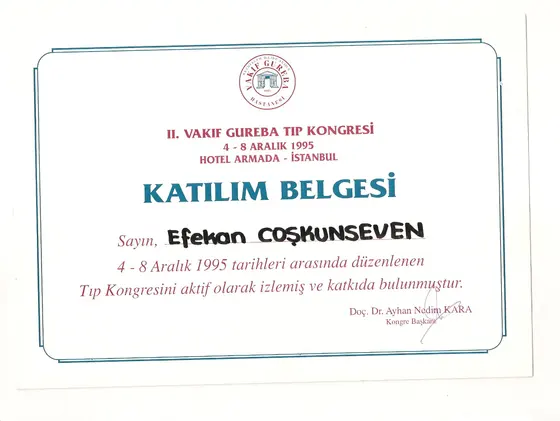 II. Vakıf Gureba Tıp Kongresi — katılım belgesi — Vakıf Gureba Hastanesi, İstanbul