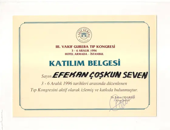 III. Vakıf Gureba Tıp Kongresi — katılım belgesi — Vakıf Gureba Hastanesi, İstanbul