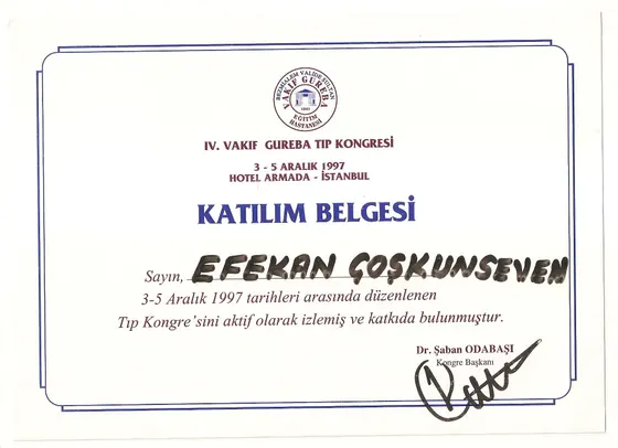 IV. Vakıf Gureba Tıp Kongresi — katılım belgesi — Vakıf Gureba Hastanesi, İstanbul